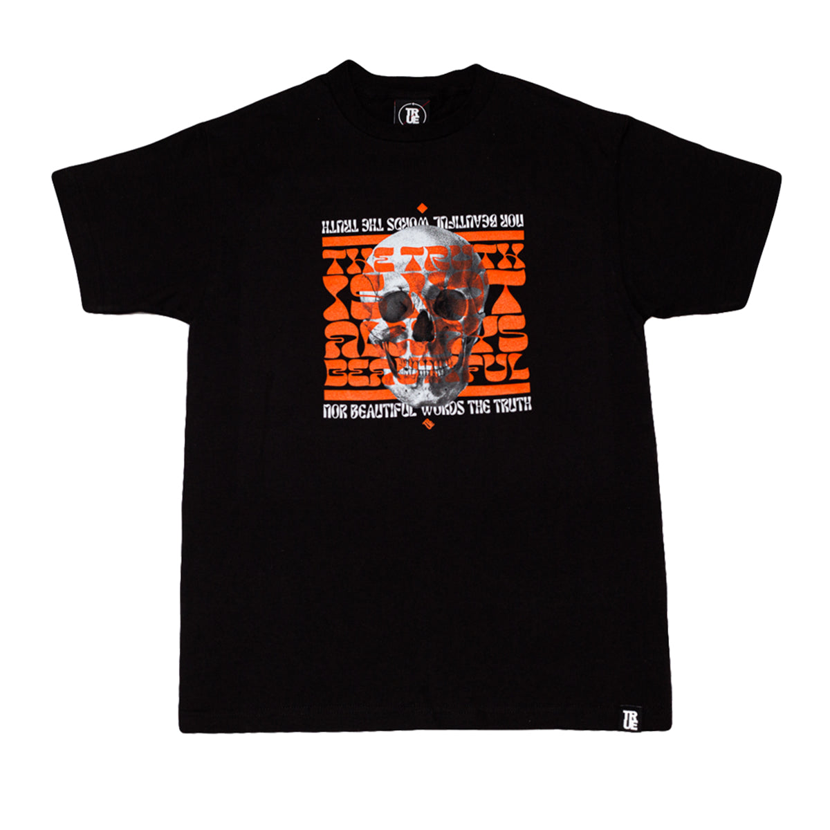 A black men's t-shirt with a graphic print of a skull and text on the front.