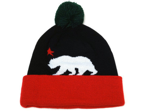 Cali Bear Pom Beanie Black/White/Red - Shop True Clothing