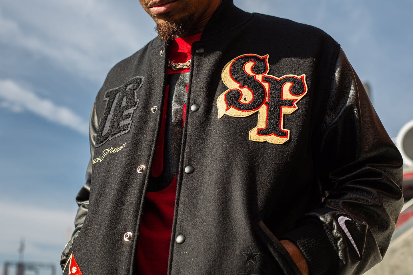 TRUE x Nike x  San Francisco 49ers Destroyer Varsity Jacket Black